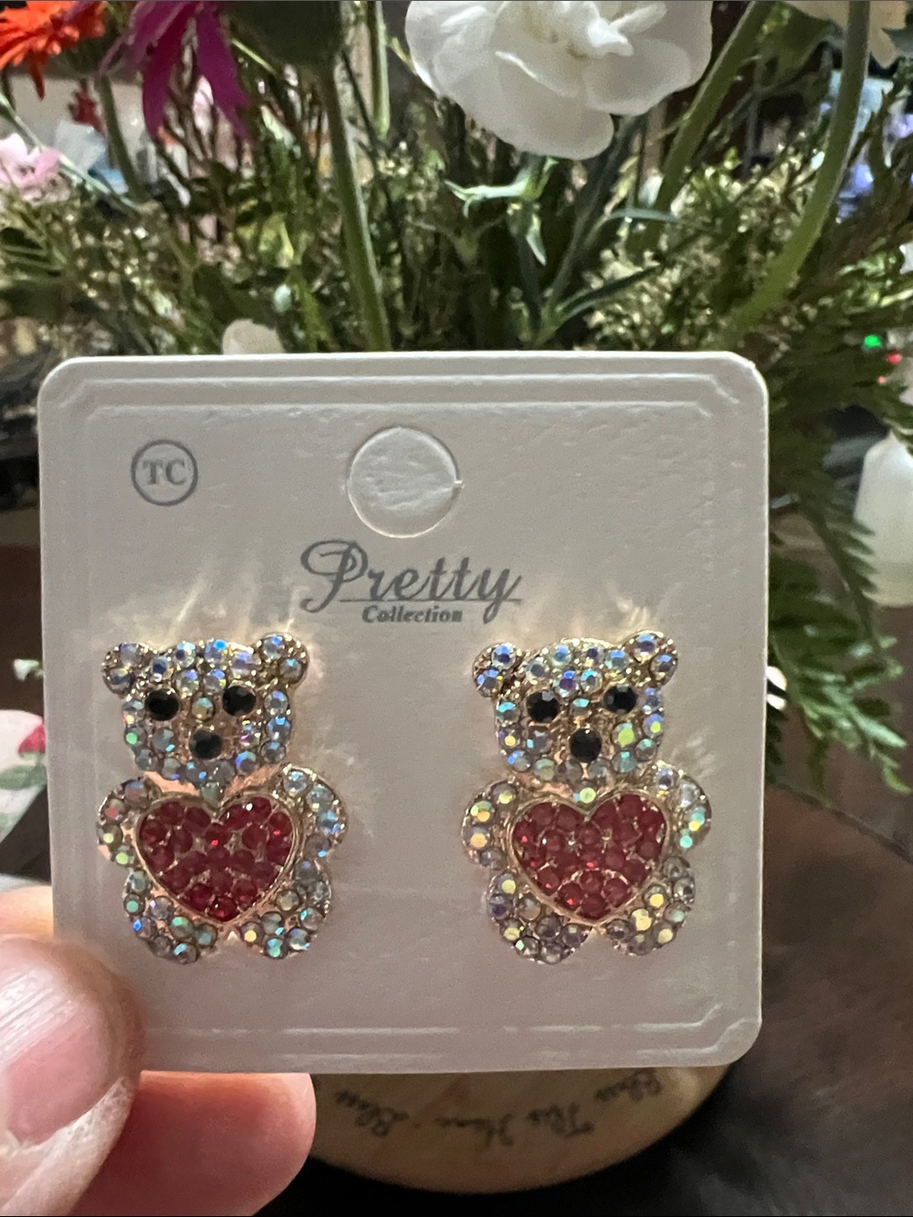 New Crystal Teddy Bear Heart Stud Earrings - Pink